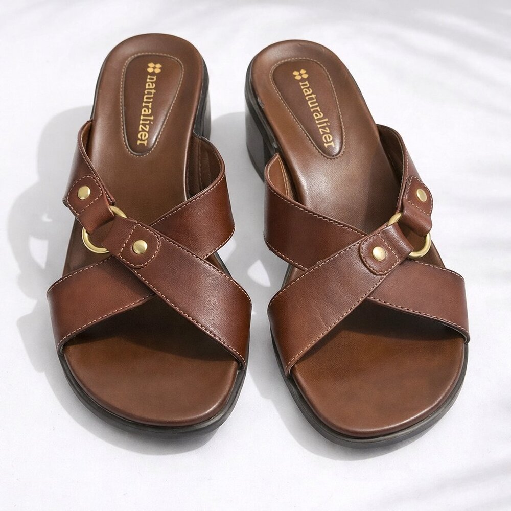 Naturalizer Batina Leather Slide Sandals Brown Low Heel 7.5M